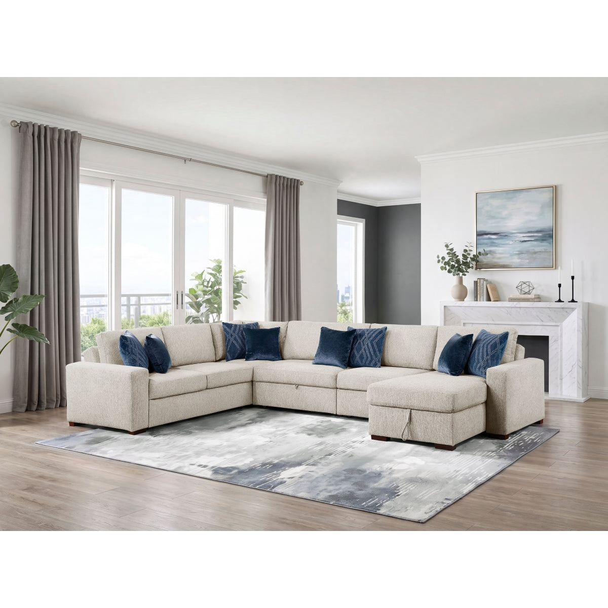 Isla 5-Piece Sectional with Reversible Chaise, Pull-out Bed, Hidden Storage and Click Motion Back
