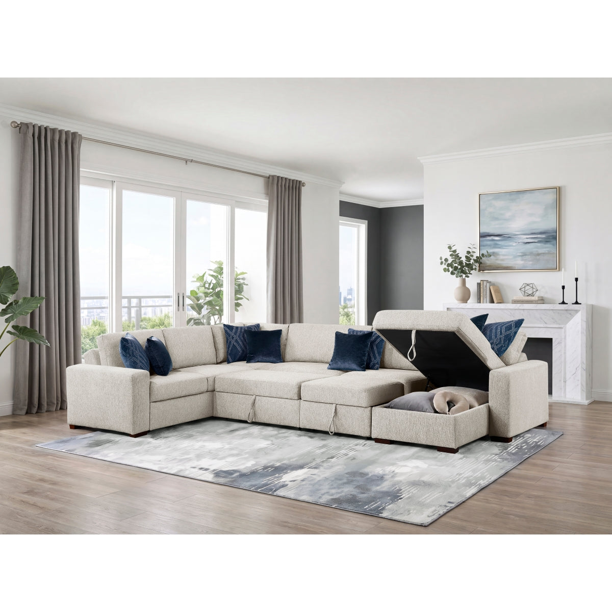 Isla 5-Piece Sectional with Reversible Chaise, Pull-out Bed, Hidden Storage and Click Motion Back