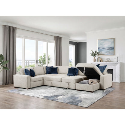 Isla 5-Piece Sectional with Reversible Chaise, Pull-out Bed, Hidden Storage and Click Motion Back