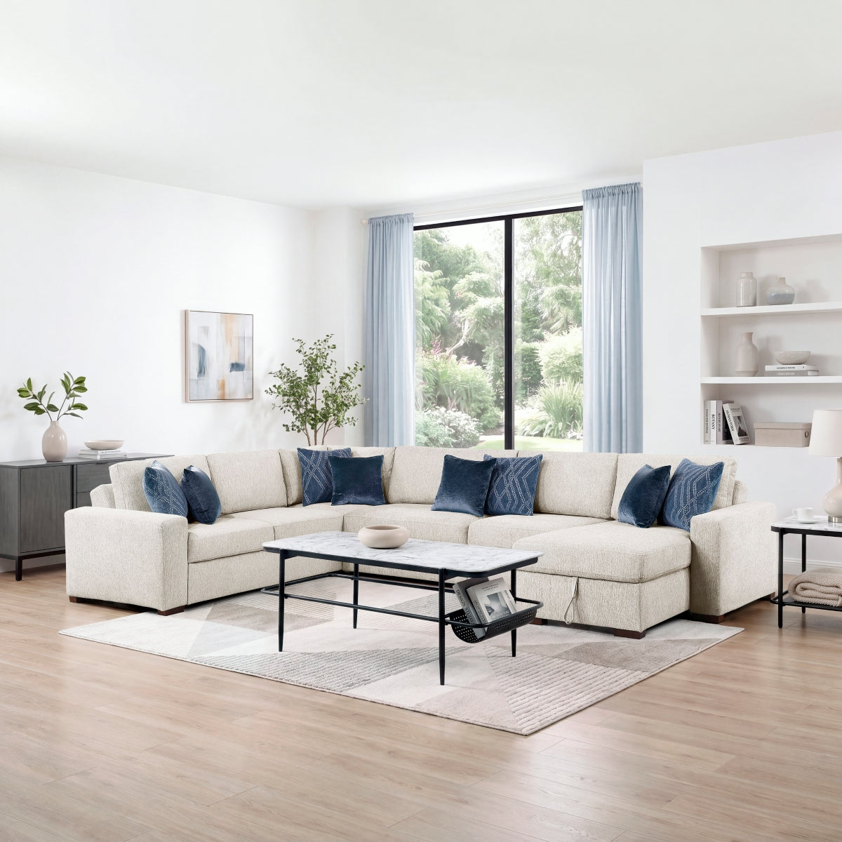 Isla 5-Piece Sectional with Reversible Chaise, Pull-out Bed, Hidden Storage and Click Motion Back