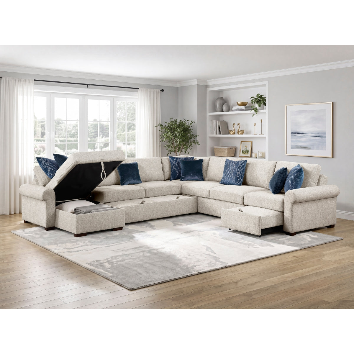 Isla 5-Piece Sectional with Reversible Chaise, Pull-out Bed, Hidden Storage and Click Motion Back