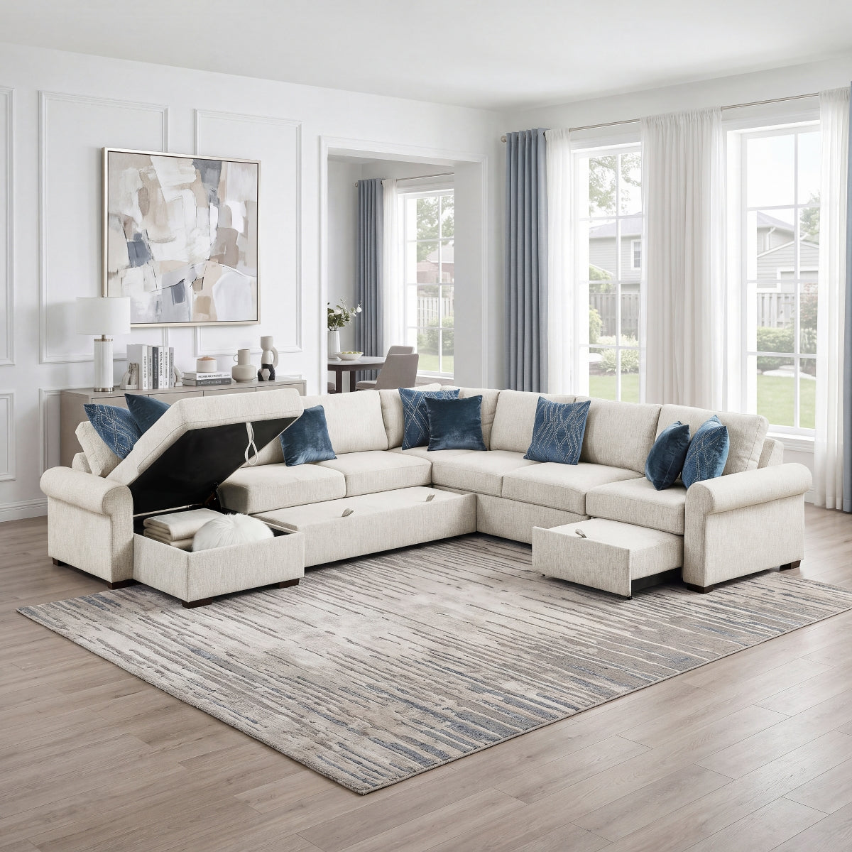 Isla 5-Piece Sectional with Reversible Chaise, Pull-out Bed, Hidden Storage and Click Motion Back