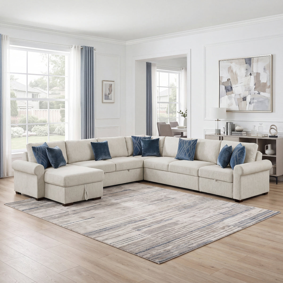 Isla 5-Piece Sectional with Reversible Chaise, Pull-out Bed, Hidden Storage and Click Motion Back