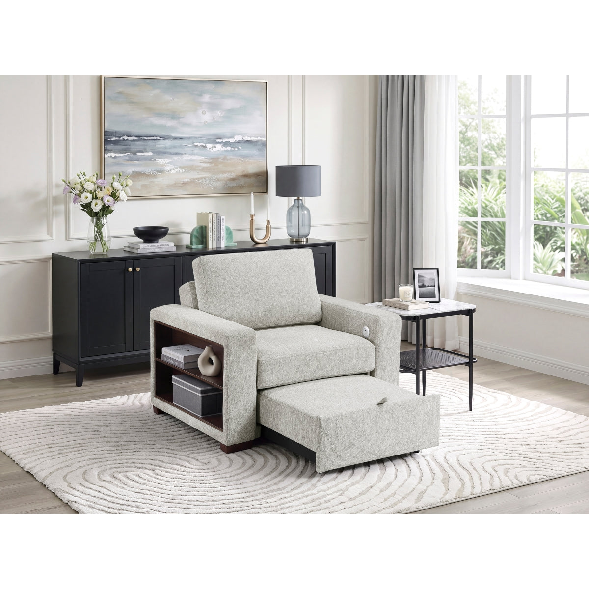 Isla Convertible Chair with Pull-out Bed, Click Motion Back, Two Arms with Shelves and Charging Ports