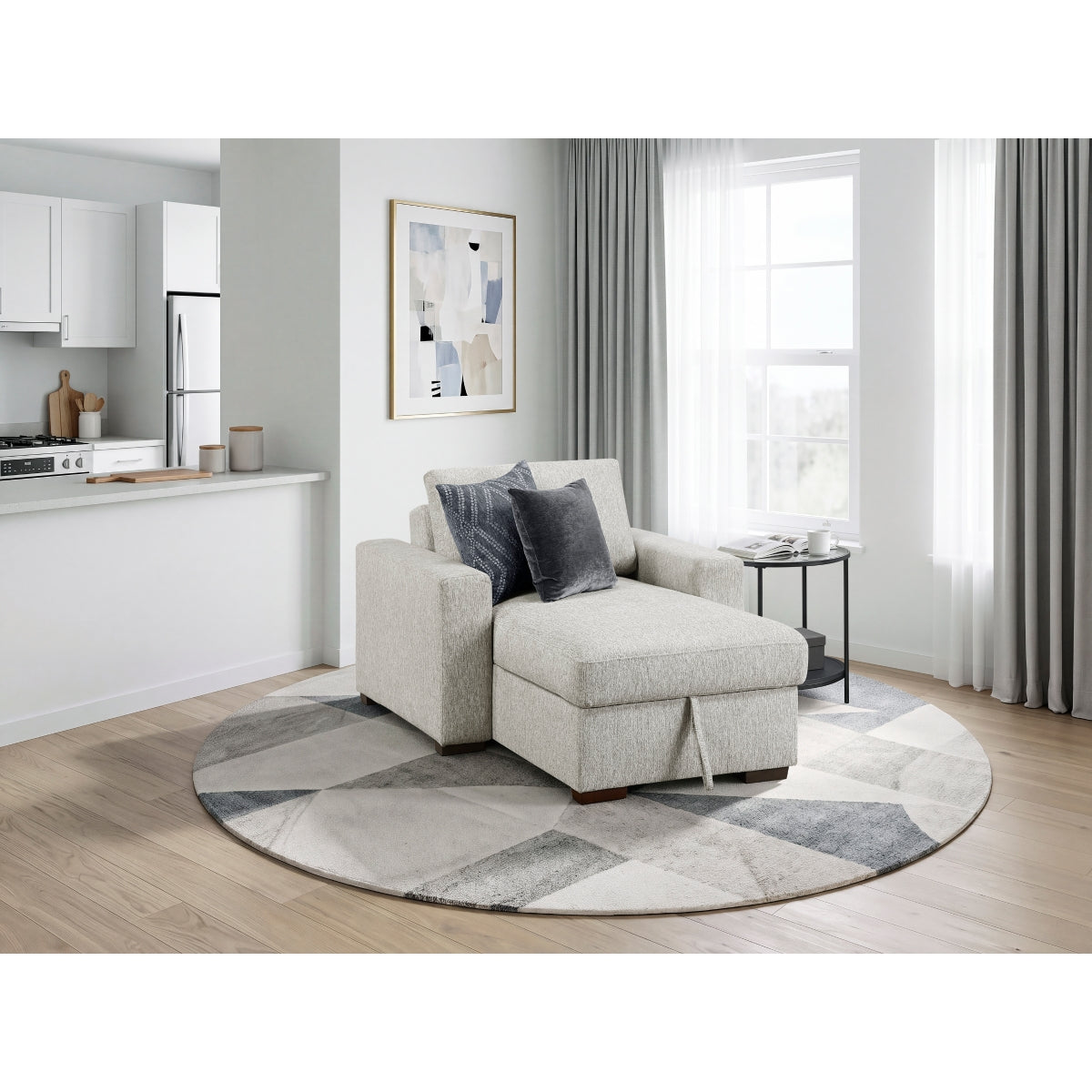 Isla Convertible Chaise Lounge with Arms and Hidden Storage, Click Motion Back