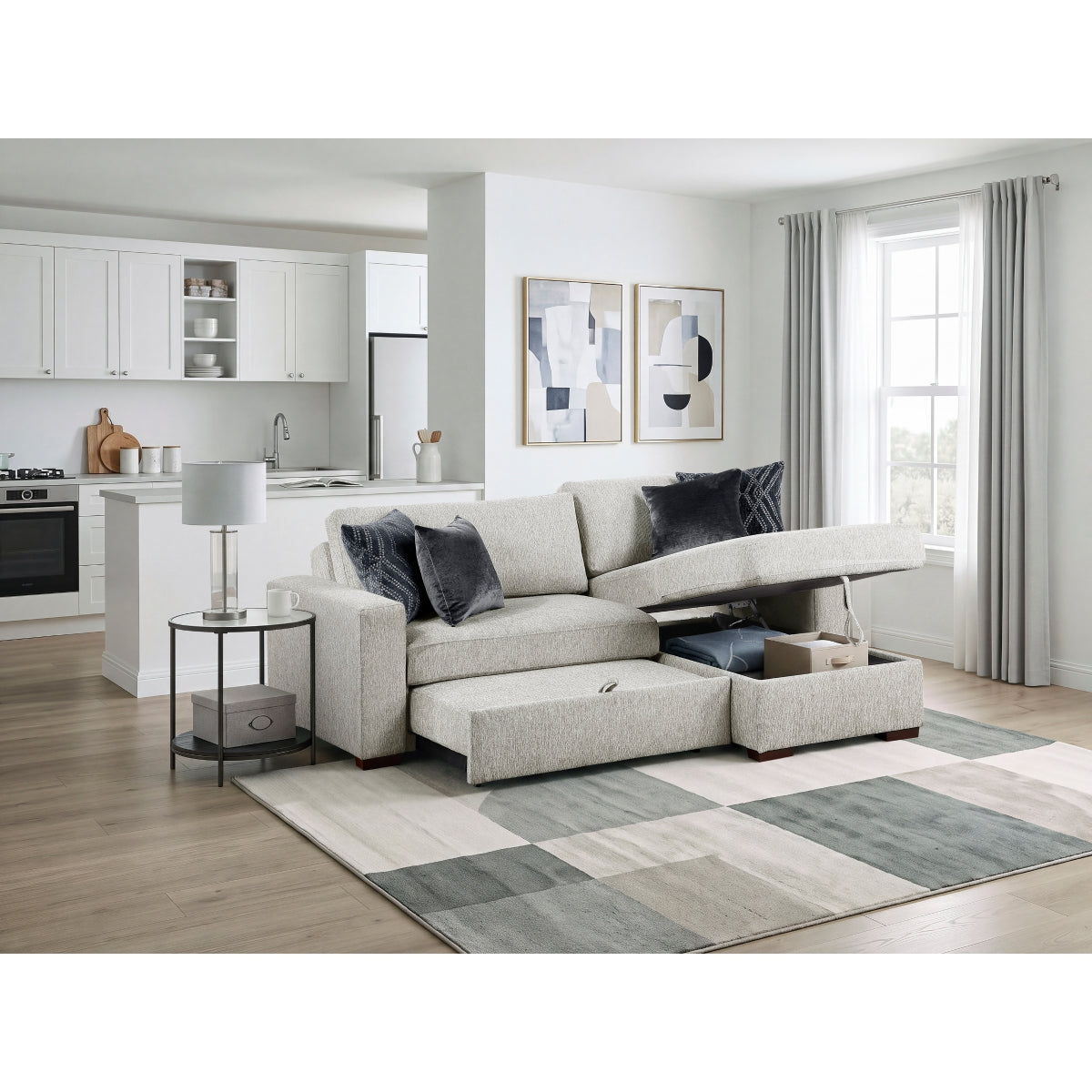 Isla 2-Piece Sectional with Reversible Chaise, Pull-out Bed and Hidden Storage, Click Motion Back