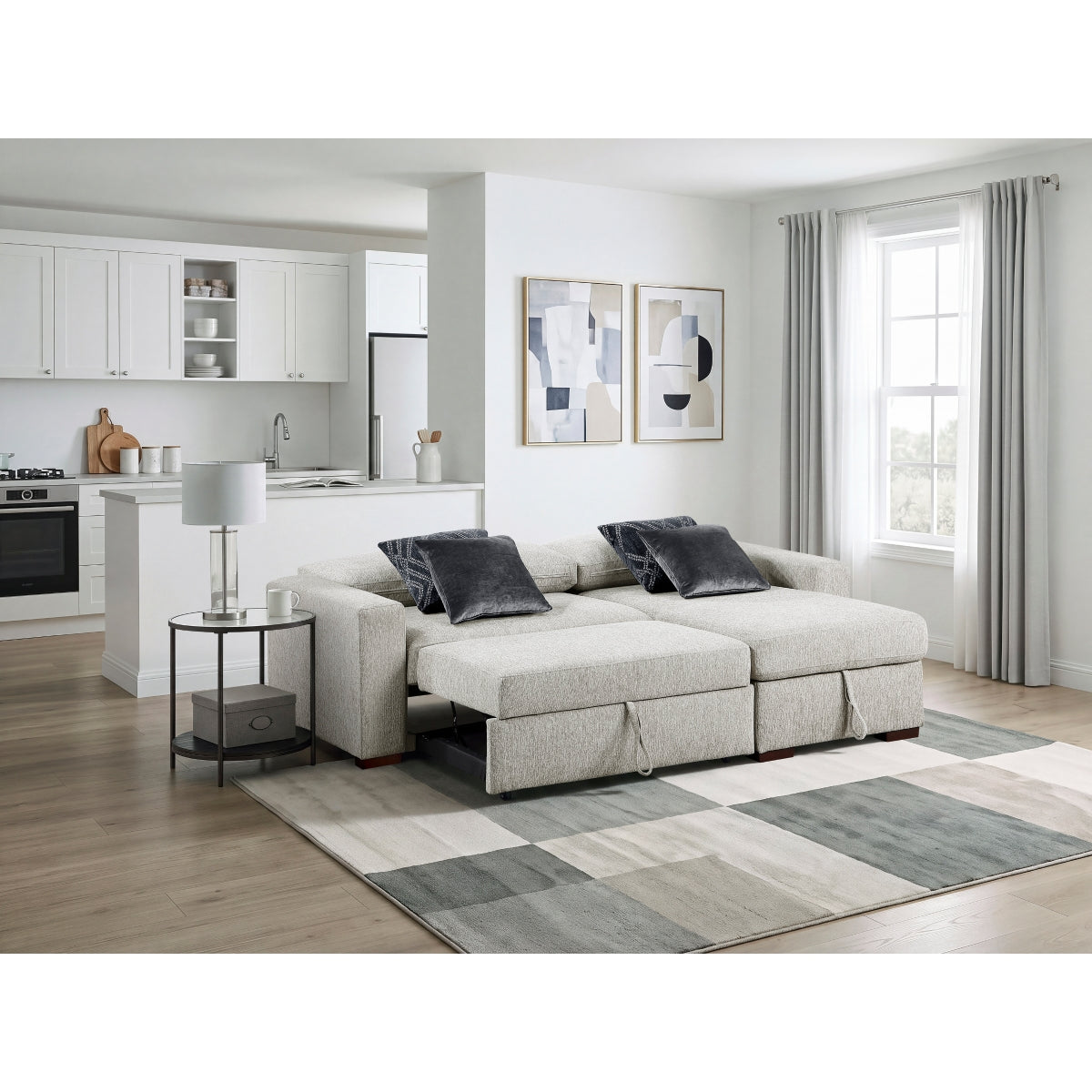 Isla 2-Piece Sectional with Reversible Chaise, Pull-out Bed and Hidden Storage, Click Motion Back