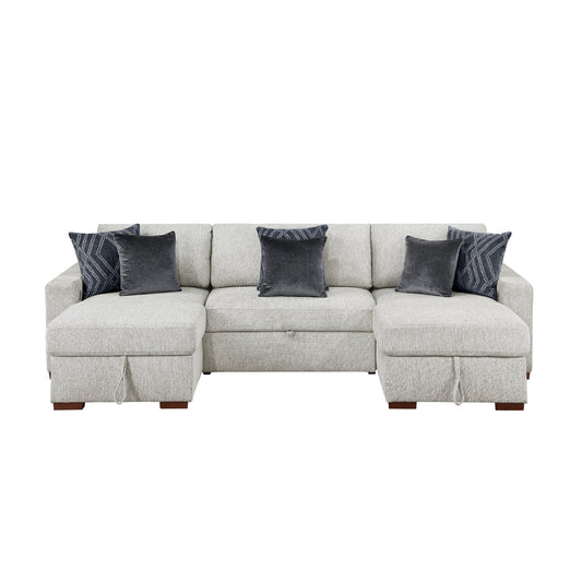 Isla 3-Piece Sectional with Two Reversible Chaises, Pull-out Bed, Hidden Storage, Click Motion Back and Two Arms with Shelves and Charging Ports
