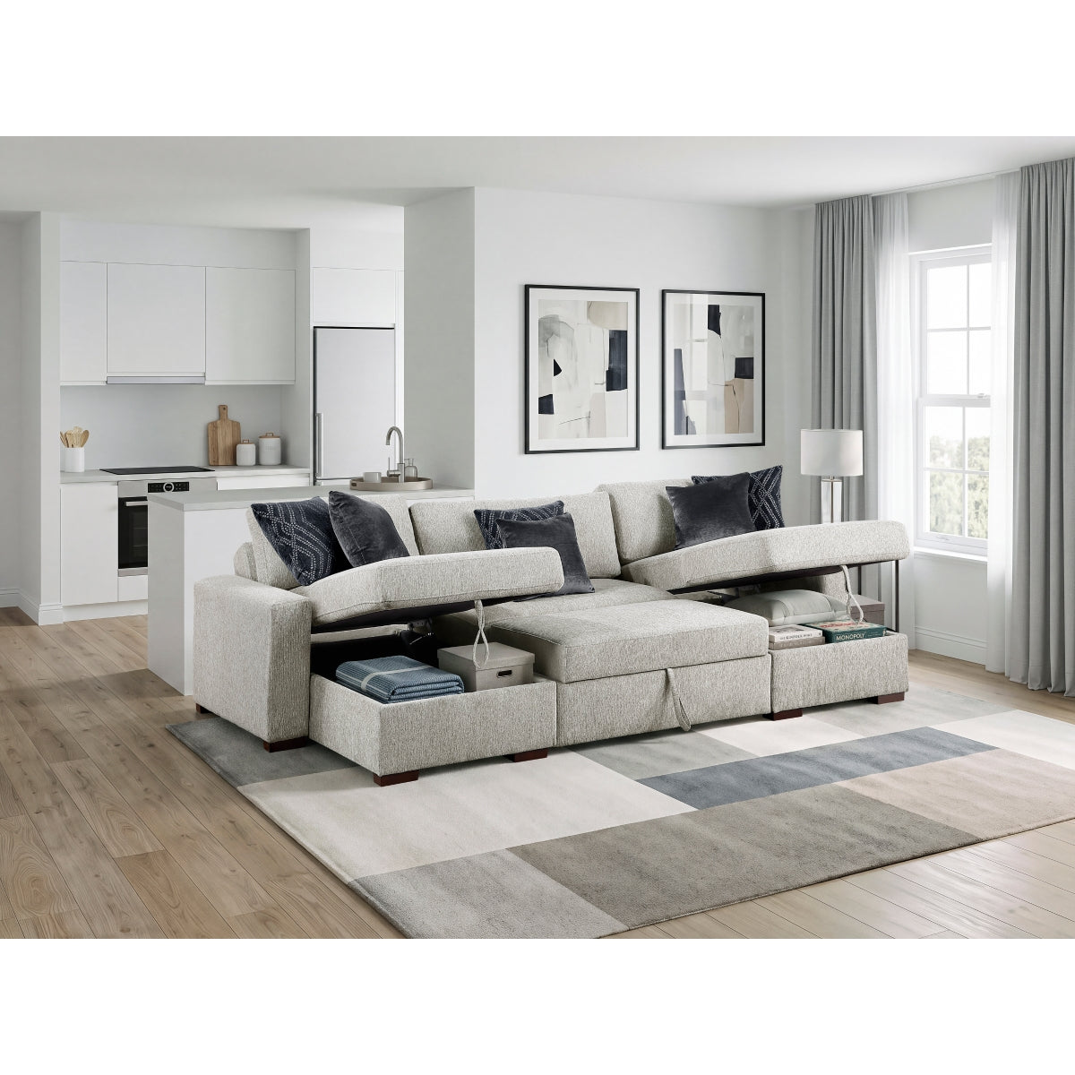 Isla 3-Piece Sectional with Two Reversible Chaises, Pull-out Bed, Hidden Storage, Click Motion Back and Two Track Arms