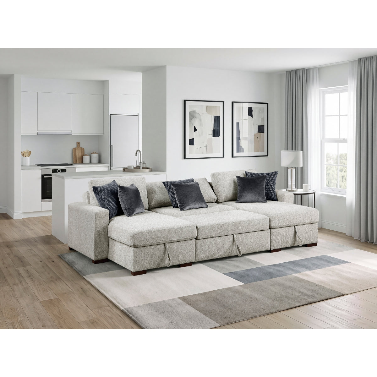 Isla 3-Piece Sectional with Two Reversible Chaises, Pull-out Bed, Hidden Storage, Click Motion Back and Two Track Arms