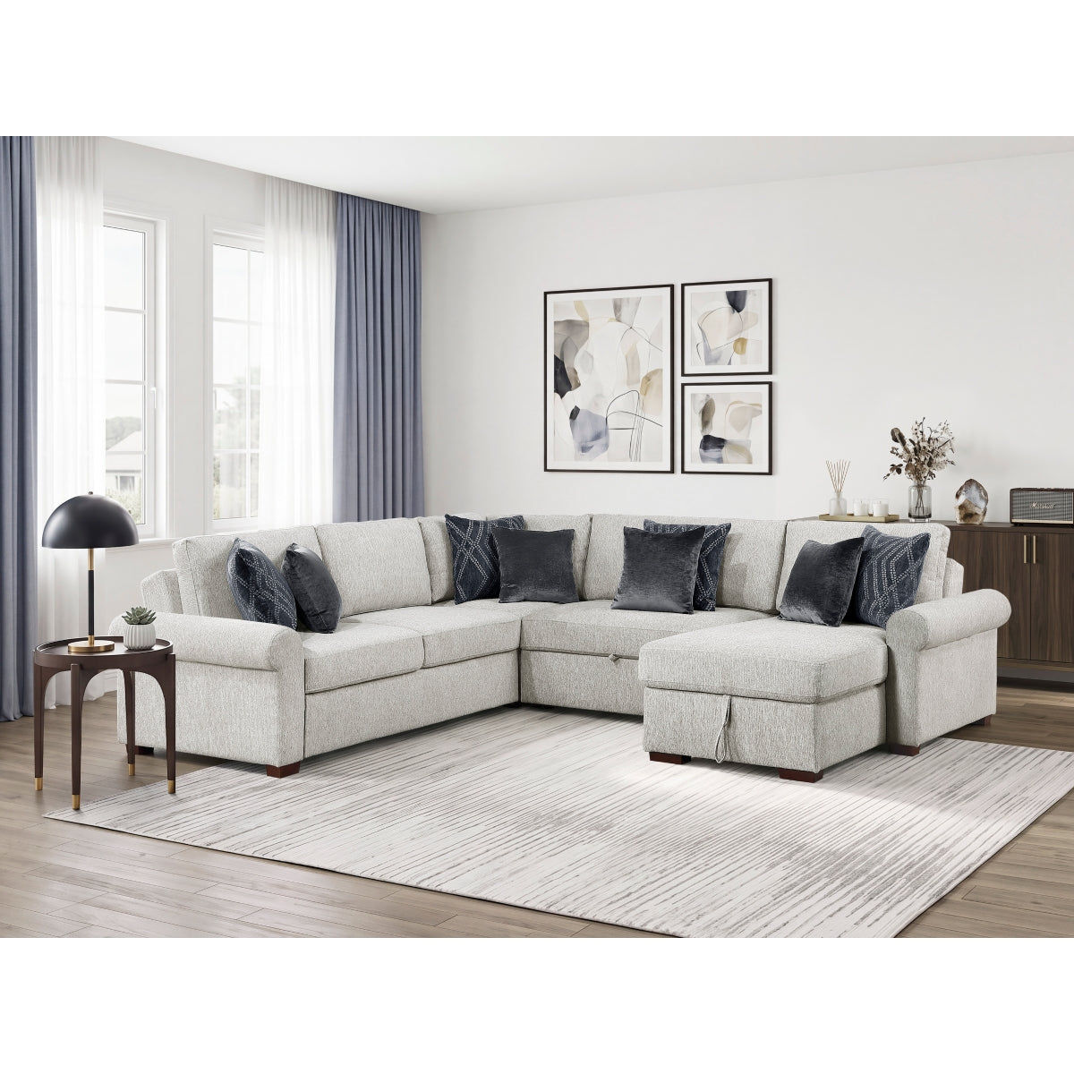 Isla 4-Piece Sectional with Reversible Chaise, Pull-out Bed, Hidden Storage and Click Motion Back