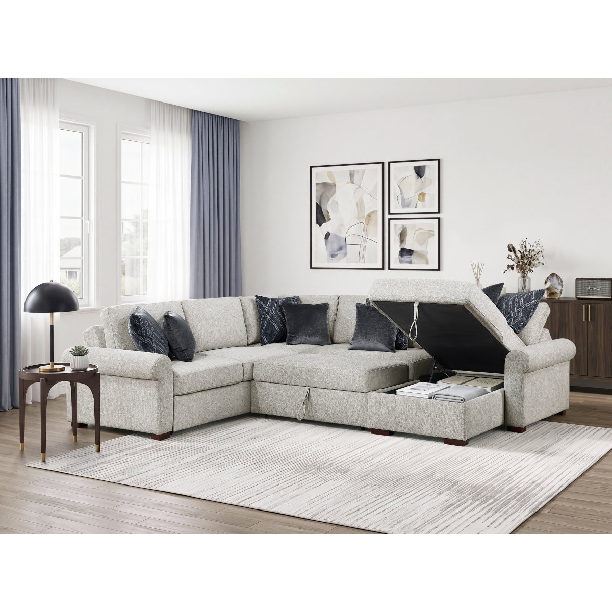 Isla 4-Piece Sectional with Reversible Chaise, Pull-out Bed, Hidden Storage and Click Motion Back