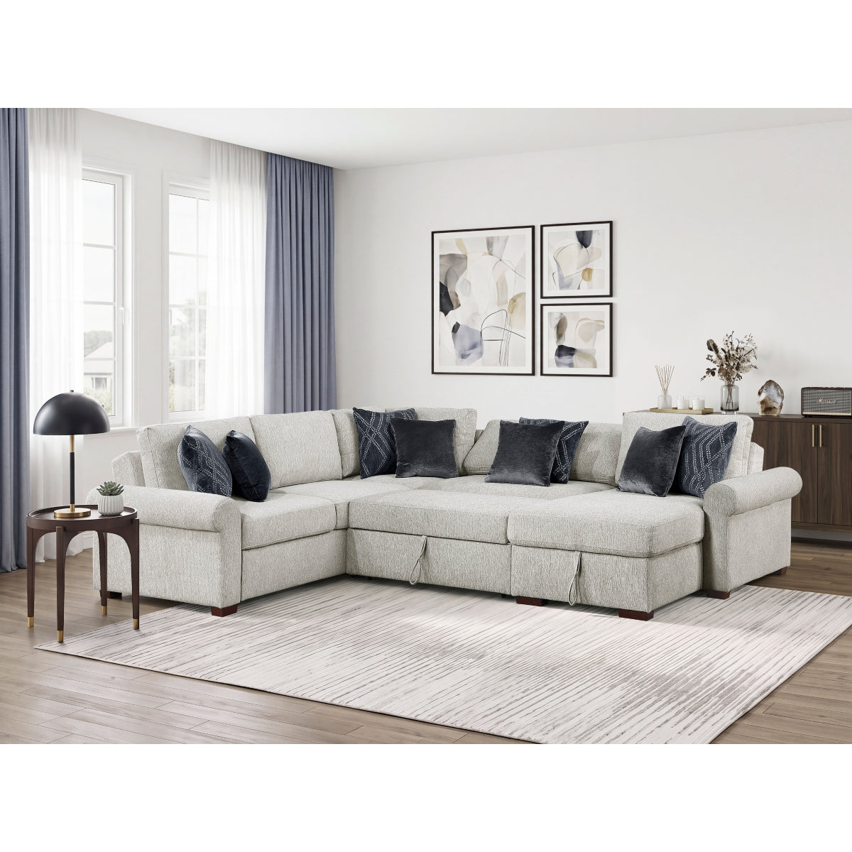 Isla 4-Piece Sectional with Reversible Chaise, Pull-out Bed, Hidden Storage and Click Motion Back