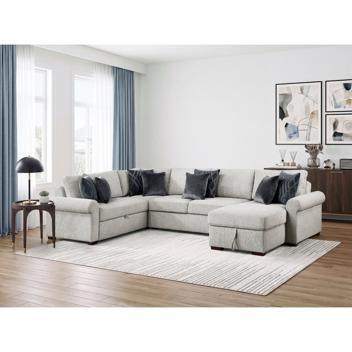 Isla 4-Piece Sectional with Reversible Chaise, Pull-out Bed, Hidden Storage and Click Motion Back