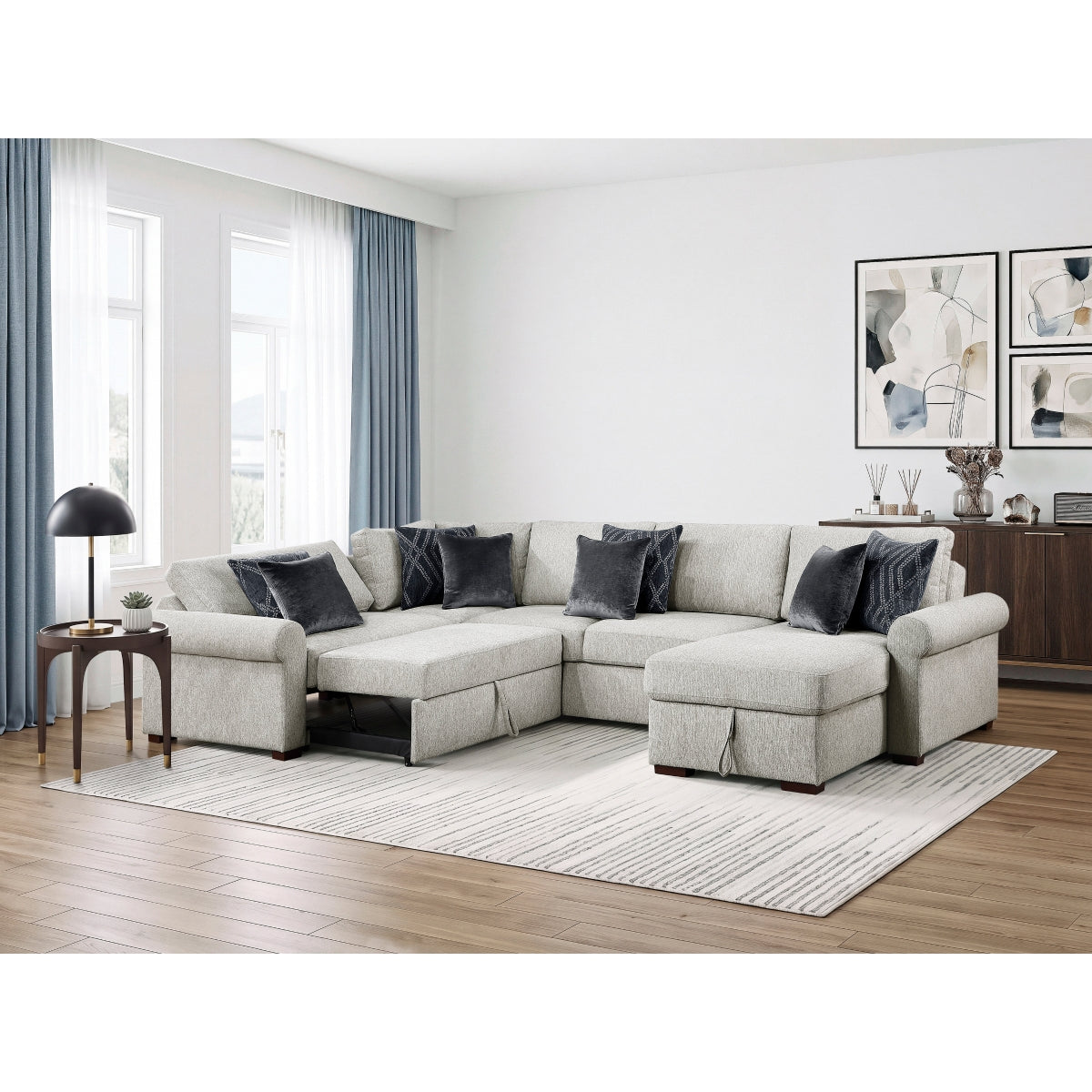 Isla 4-Piece Sectional with Reversible Chaise, Pull-out Bed, Hidden Storage and Click Motion Back
