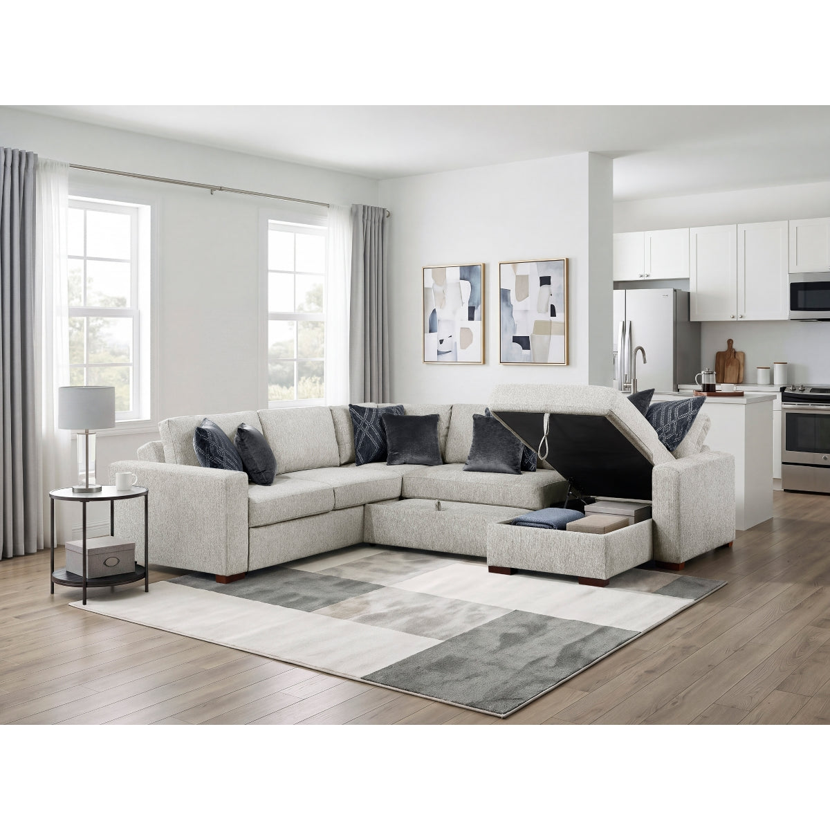 Isla 4-Piece Sectional with Reversible Chaise, Pull-out Bed, Hidden Storage and Click Motion Back