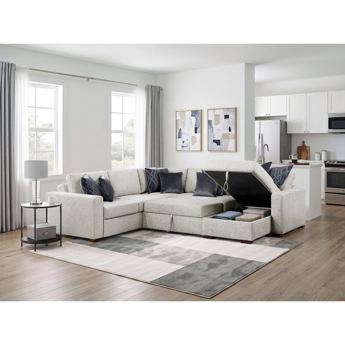Isla 4-Piece Sectional with Reversible Chaise, Pull-out Bed, Hidden Storage and Click Motion Back