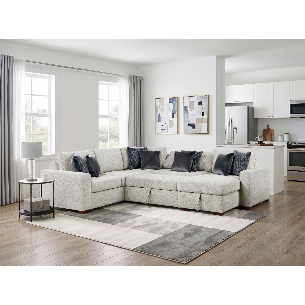 Isla 4-Piece Sectional with Reversible Chaise, Pull-out Bed, Hidden Storage and Click Motion Back