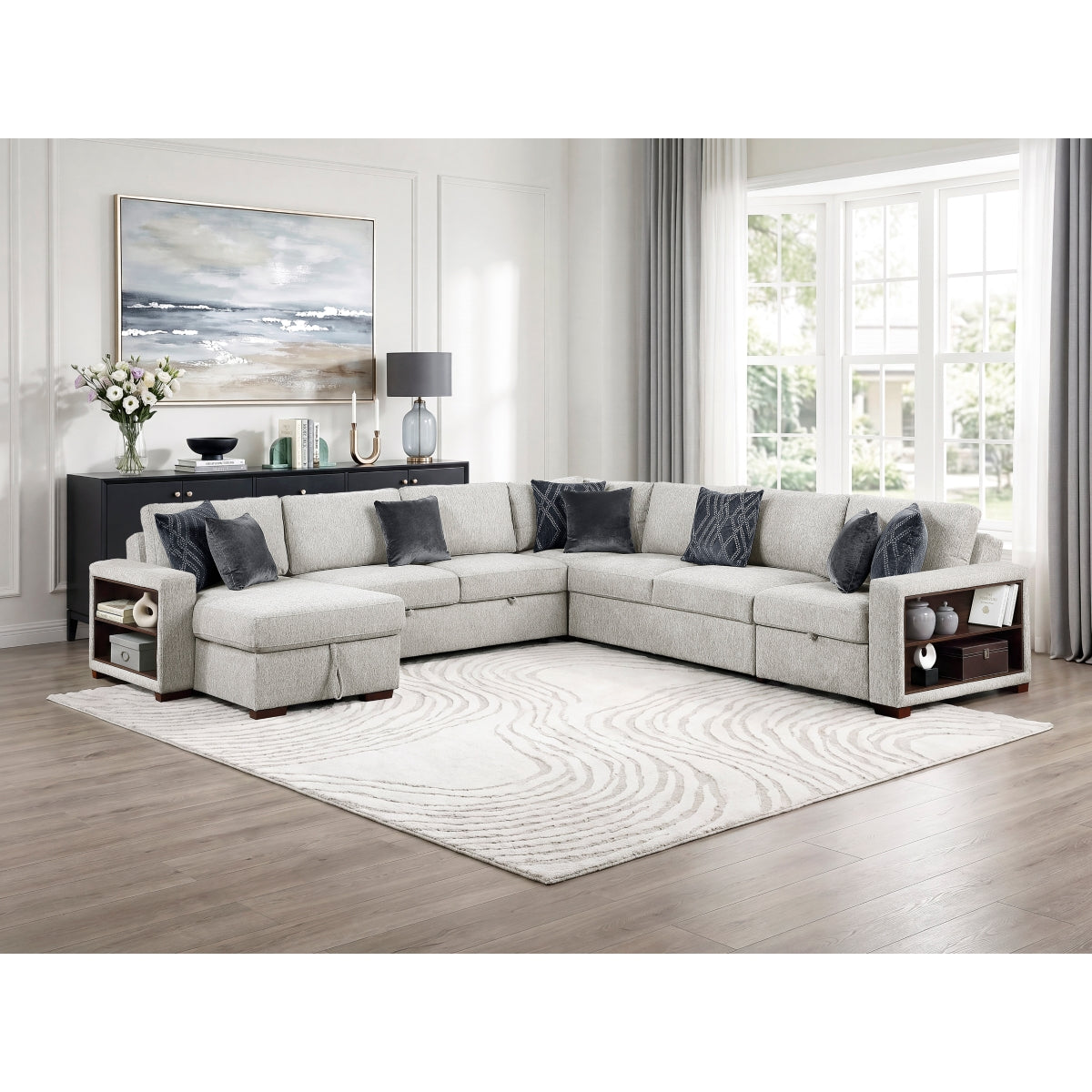 Isla 5-Piece Sectional with Reversible Chaise, Pull-out Bed, Hidden Storage and Click Motion Back