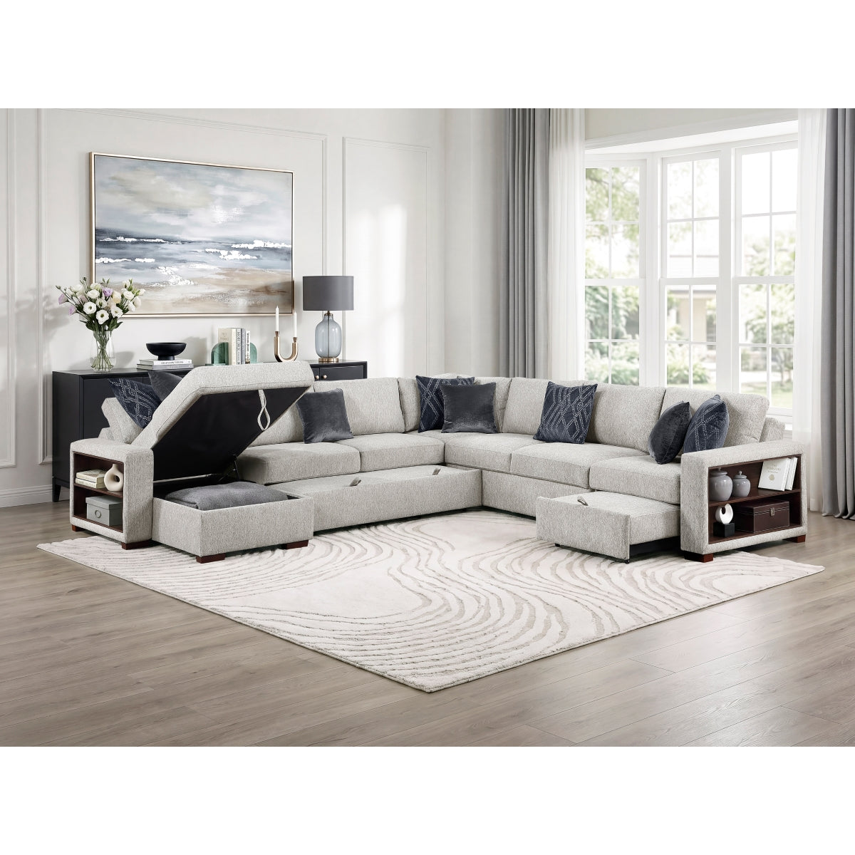 Isla 5-Piece Sectional with Reversible Chaise, Pull-out Bed, Hidden Storage and Click Motion Back