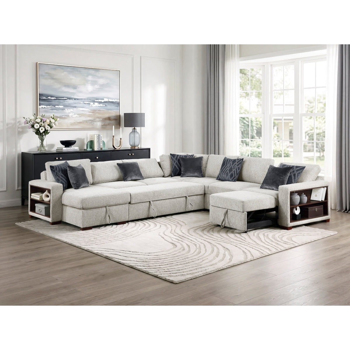 Isla 5-Piece Sectional with Reversible Chaise, Pull-out Bed, Hidden Storage and Click Motion Back