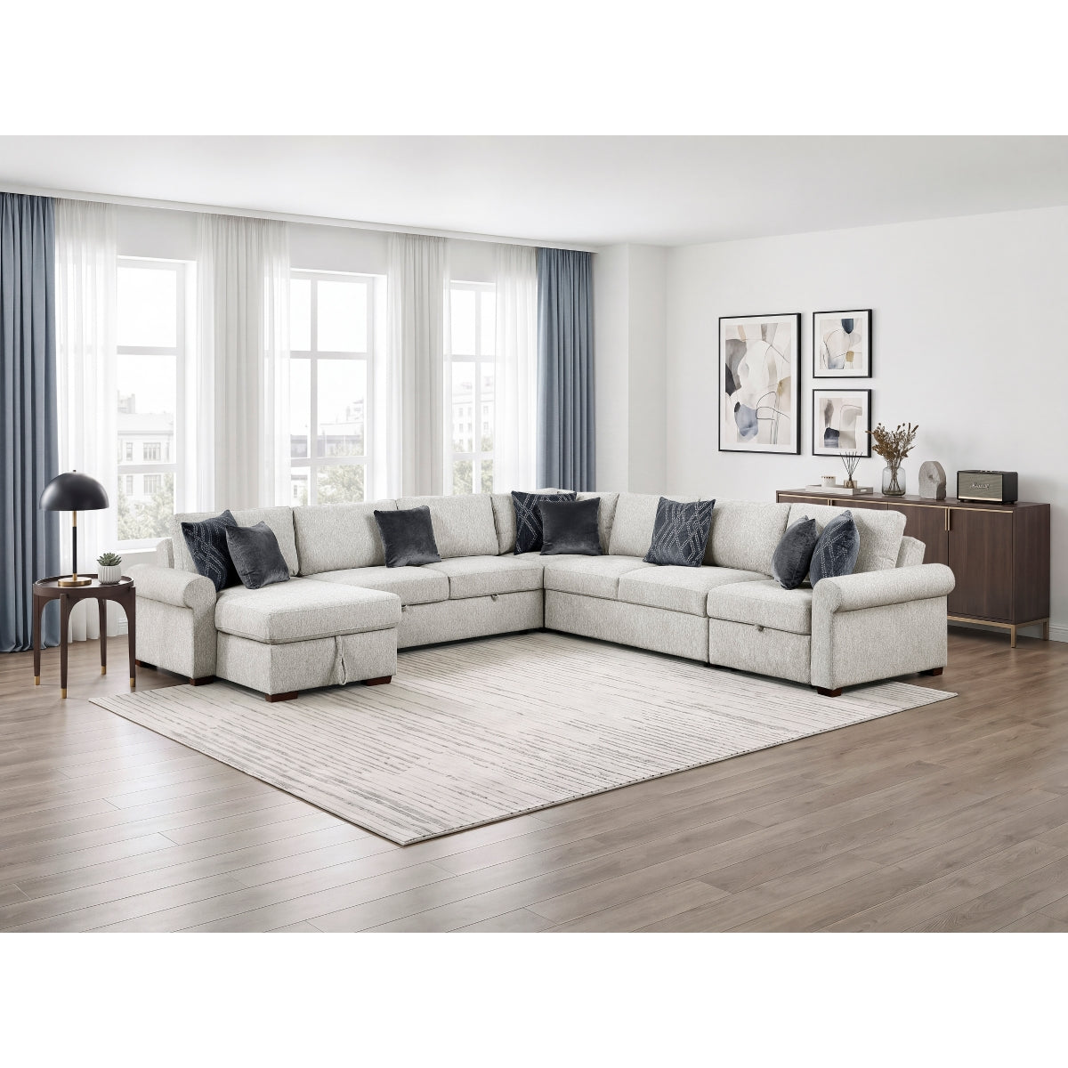 Isla 5-Piece Sectional with Reversible Chaise, Pull-out Bed, Hidden Storage and Click Motion Back