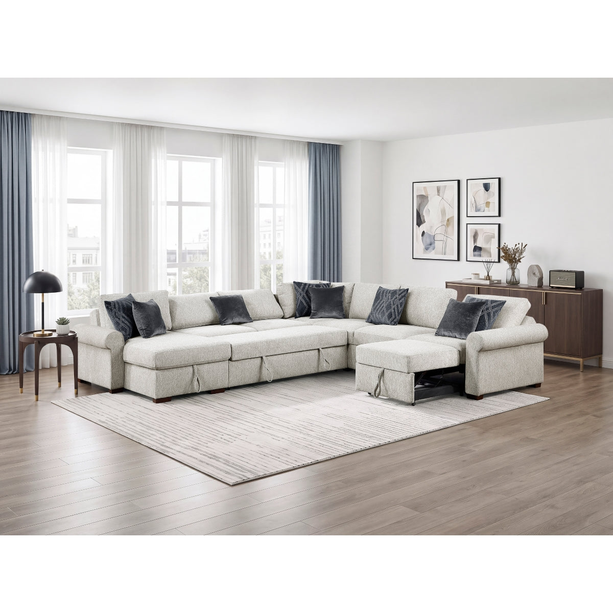 Isla 5-Piece Sectional with Reversible Chaise, Pull-out Bed, Hidden Storage and Click Motion Back