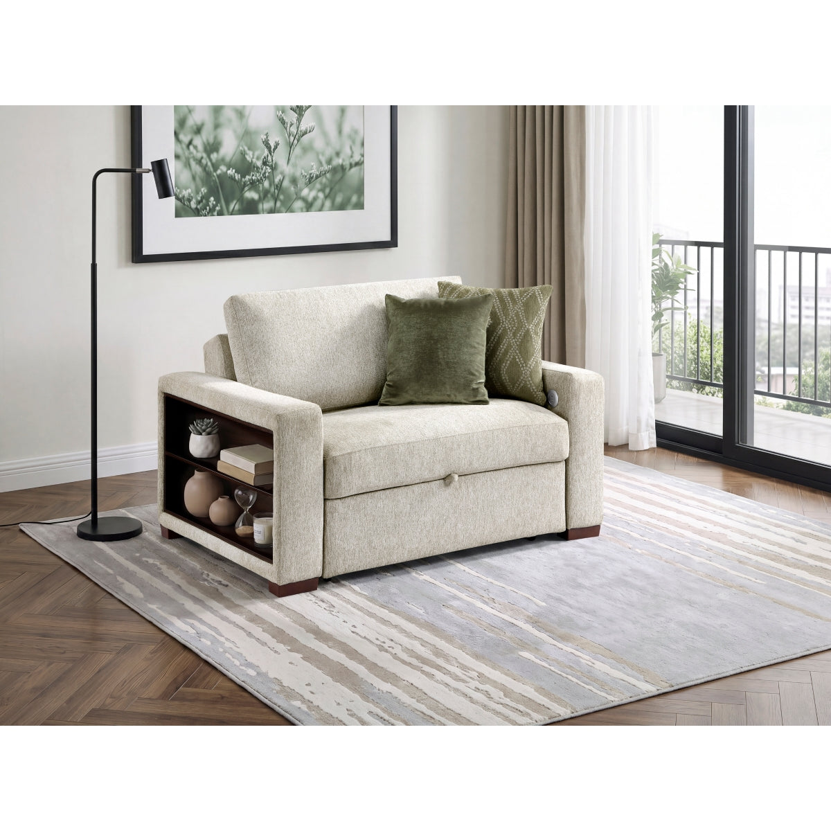 Isla Convertible Chair and Half with Pull-out Bed, Click Motion Back, Two Arms with Shelves and Charging Ports