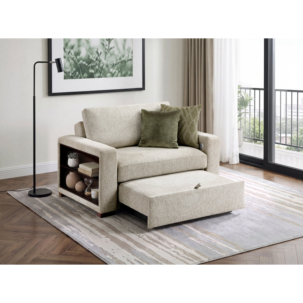 Isla Convertible Chair and Half with Pull-out Bed, Click Motion Back, Two Arms with Shelves and Charging Ports