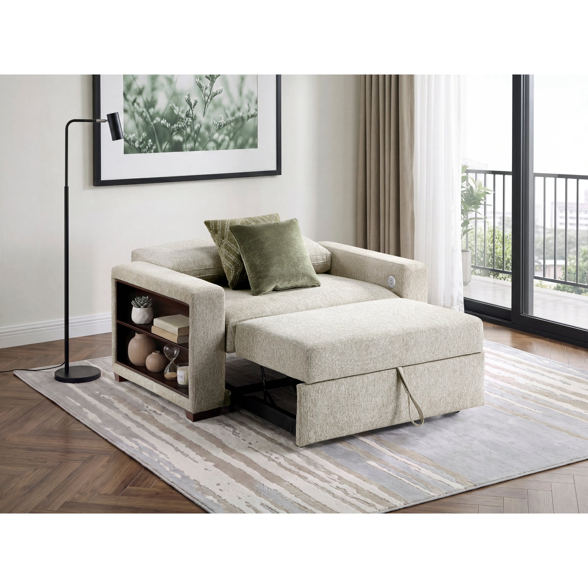 Isla Convertible Chair and Half with Pull-out Bed, Click Motion Back, Two Arms with Shelves and Charging Ports