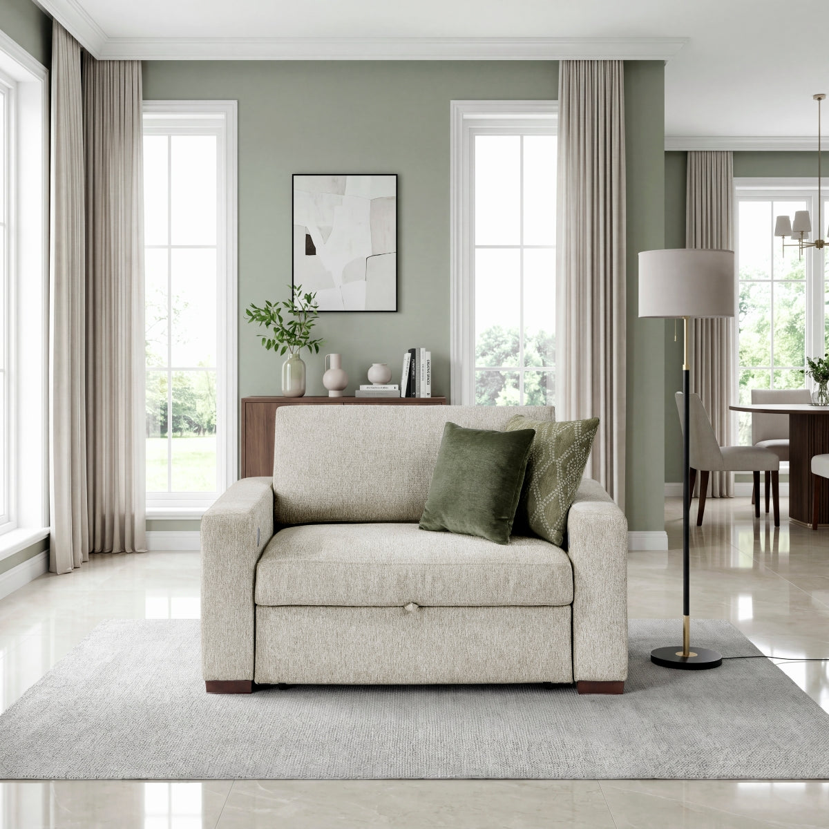 Isla Convertible Chair and Half with Pull-out Bed, Click Motion Back, Two Arms with Shelves and Charging Ports