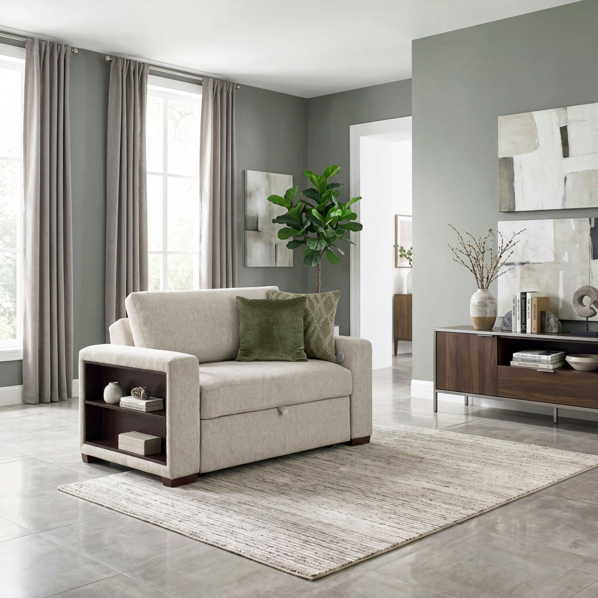 Isla Convertible Chair and Half with Pull-out Bed, Click Motion Back, Two Arms with Shelves and Charging Ports