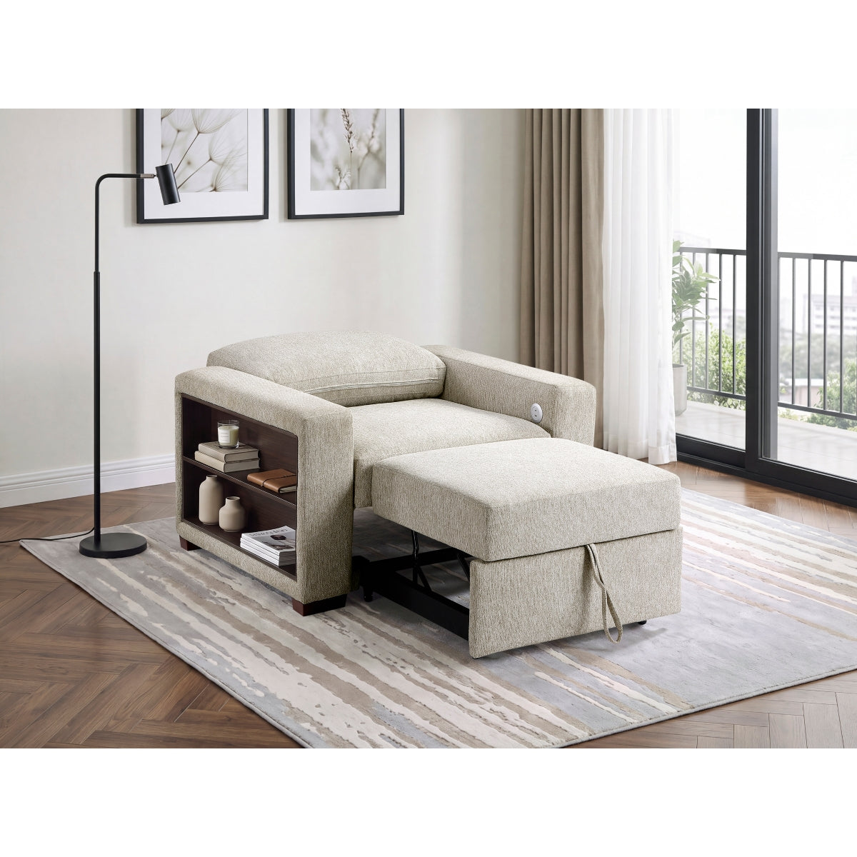 Isla Convertible Chair with Pull-out Bed, Click Motion Back, Two Arms with Shelves and Charging Ports
