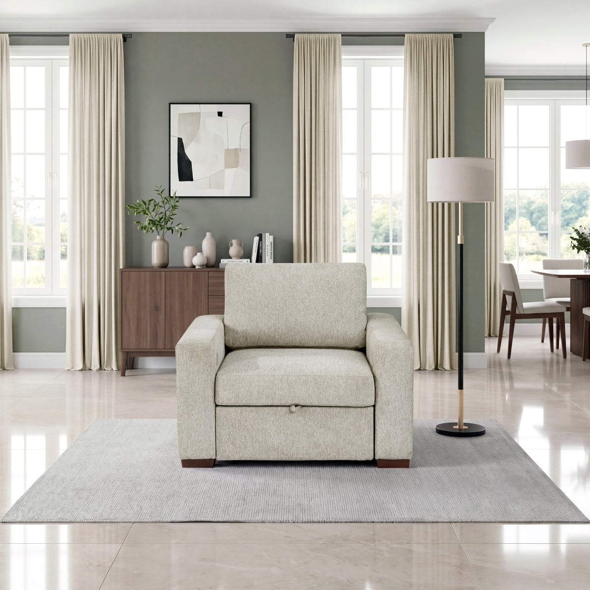 Isla Convertible Chair with Pull-out Bed, Click Motion Back, Two Arms with Shelves and Charging Ports