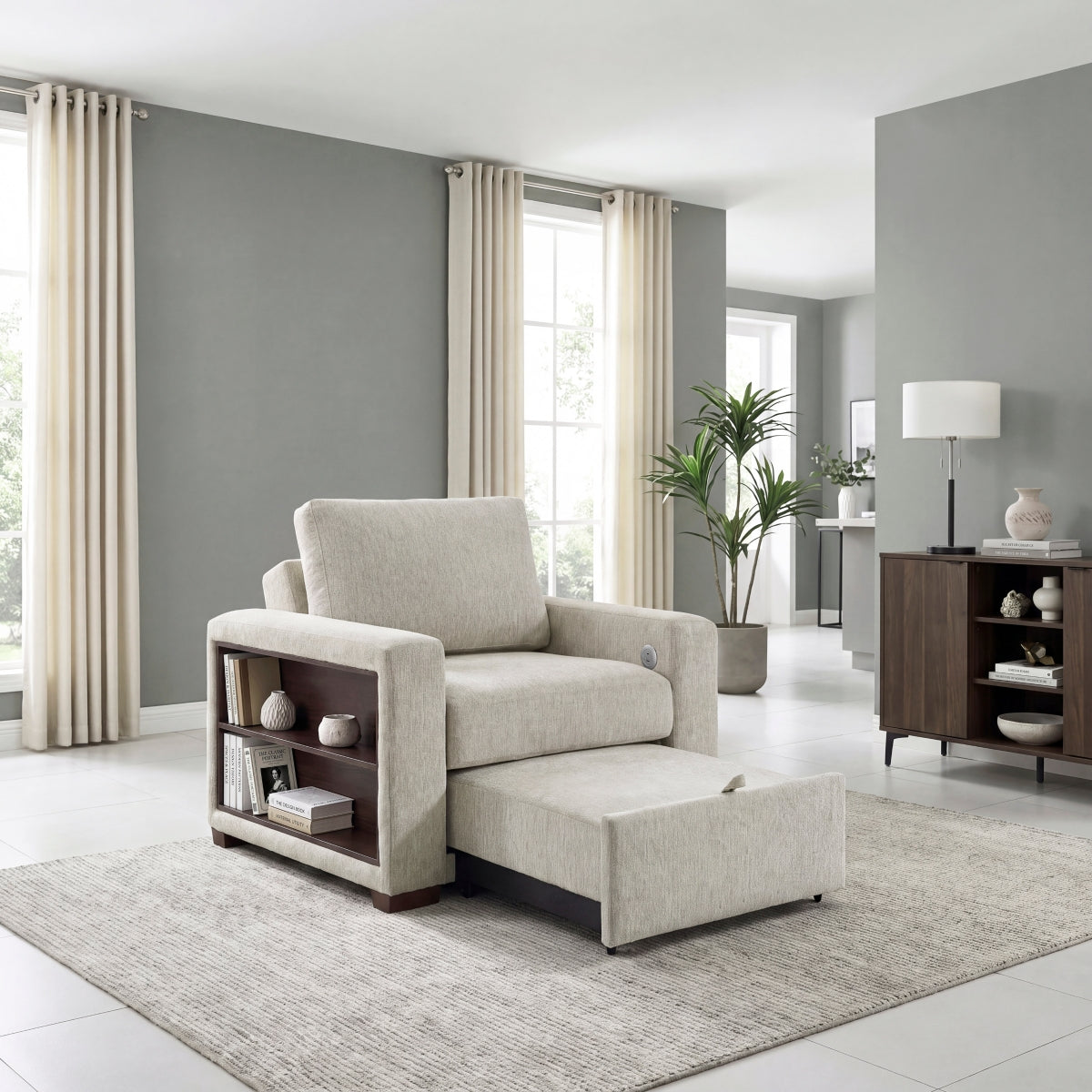 Isla Convertible Chair with Pull-out Bed, Click Motion Back, Two Arms with Shelves and Charging Ports
