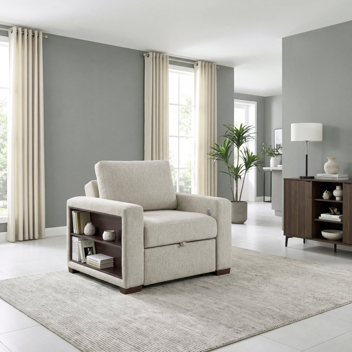 Isla Convertible Chair with Pull-out Bed, Click Motion Back, Two Arms with Shelves and Charging Ports