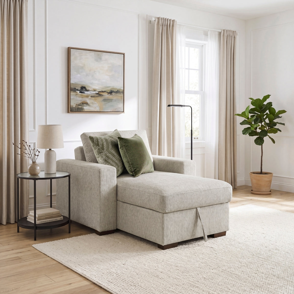 Isla Convertible Chaise Lounge with Arms and Hidden Storage, Click Motion Back
