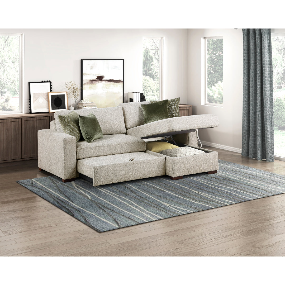Isla 2-Piece Sectional with Reversible Chaise, Pull-out Bed and Hidden Storage, Click Motion Back