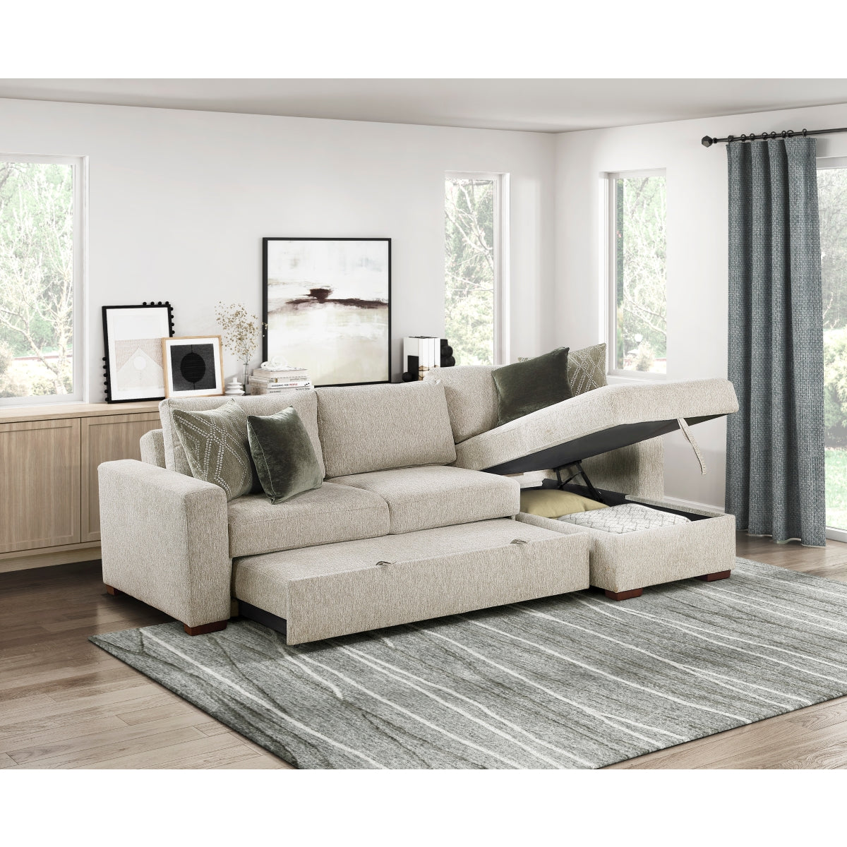 Isla 2-Piece Sectional with Reversible Chaise, Pull-out Bed and Hidden Storage, Click Motion Back