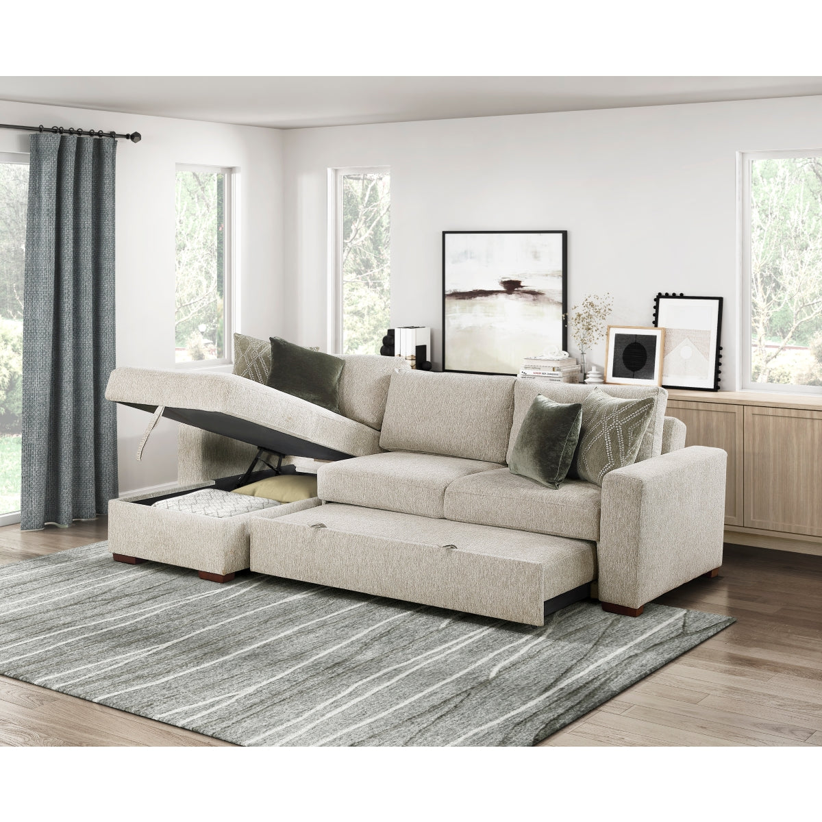 Isla 2-Piece Sectional with Reversible Chaise, Pull-out Bed and Hidden Storage, Click Motion Back