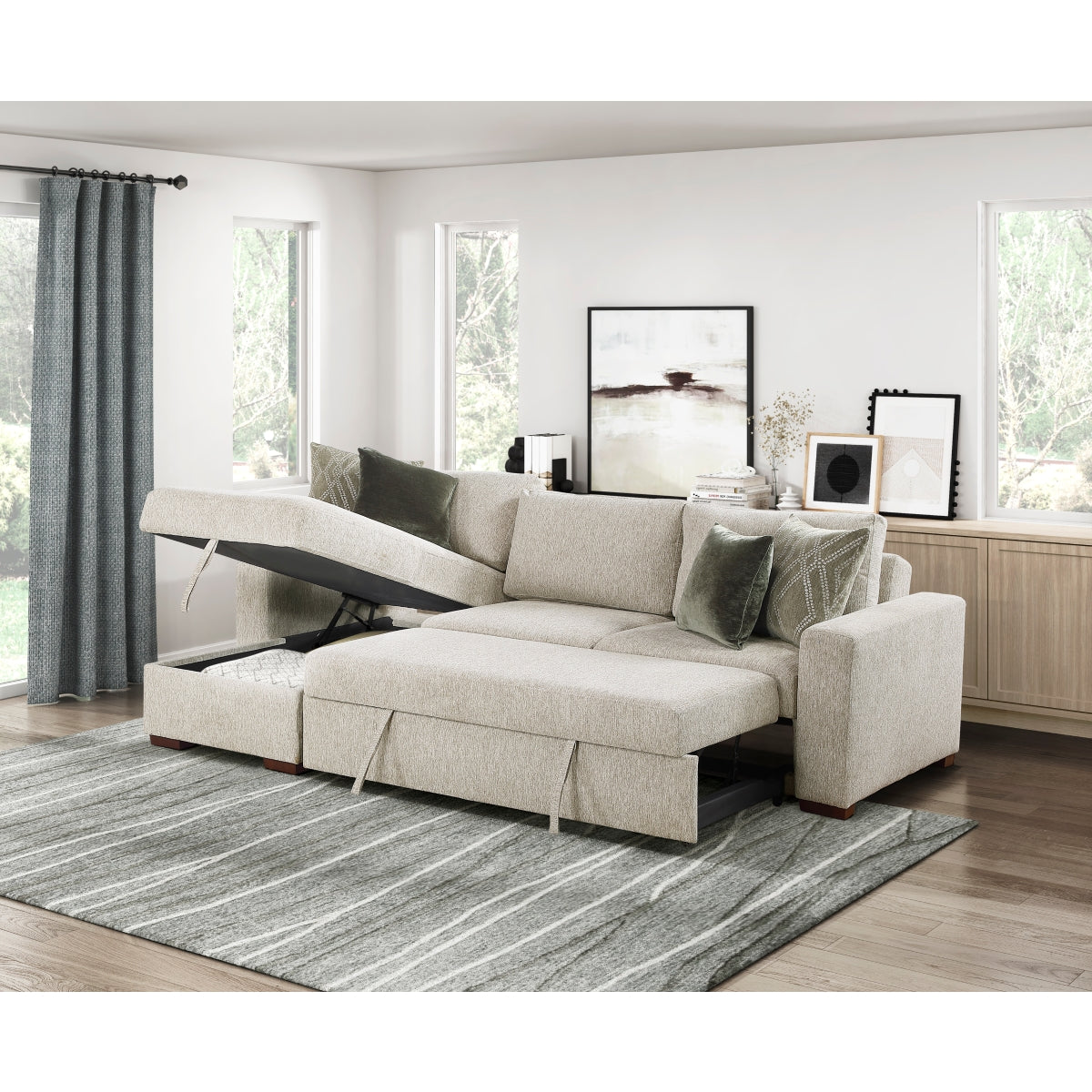 Isla 2-Piece Sectional with Reversible Chaise, Pull-out Bed and Hidden Storage, Click Motion Back