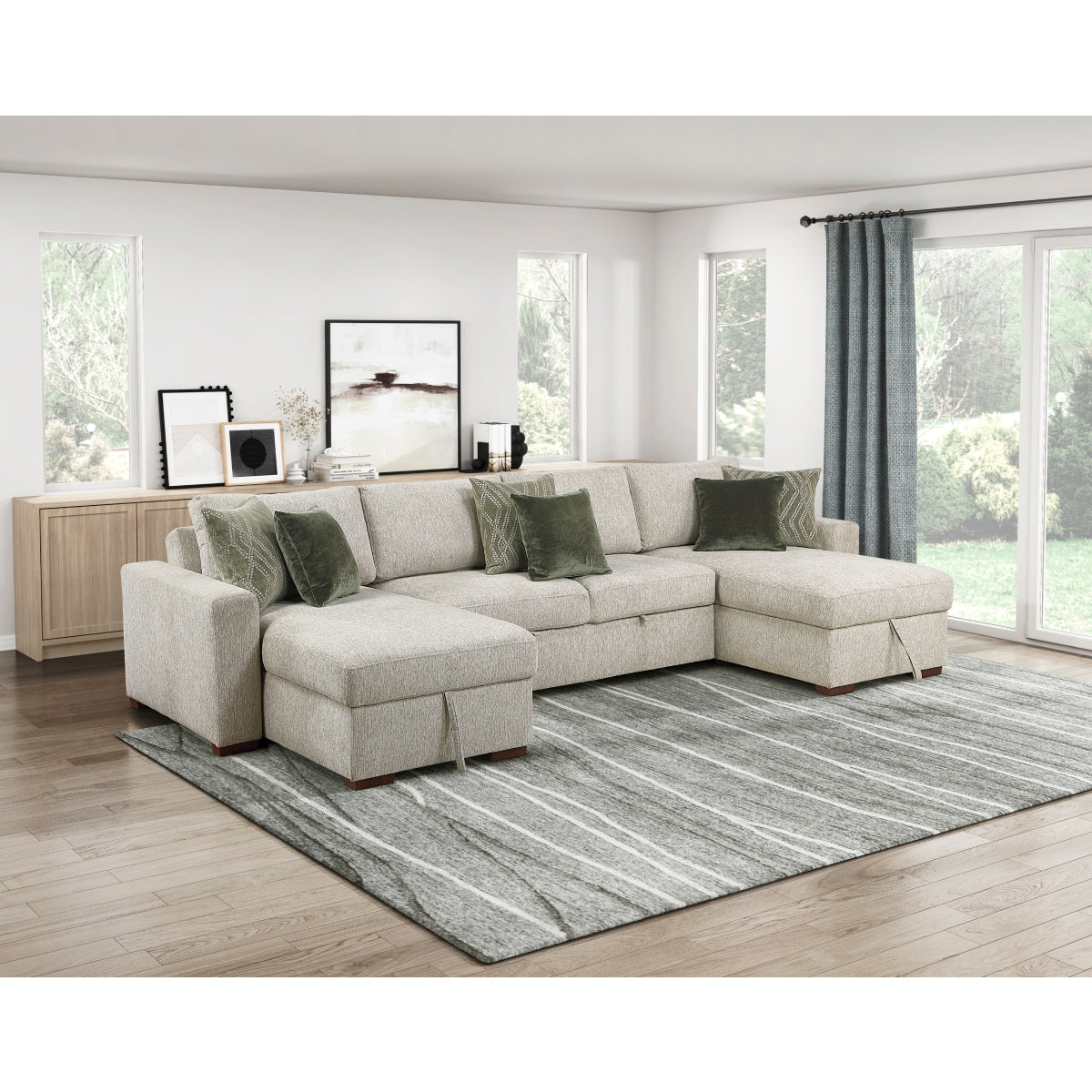 Isla 3-Piece Sectional with Reversible Chaises, Pull-out Bed and Hidden Storage, Click Motion Back