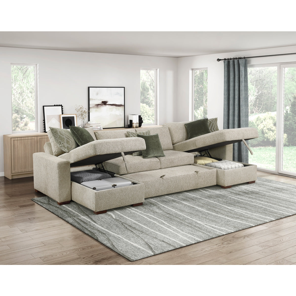 Isla 3-Piece Sectional with Reversible Chaises, Pull-out Bed and Hidden Storage, Click Motion Back