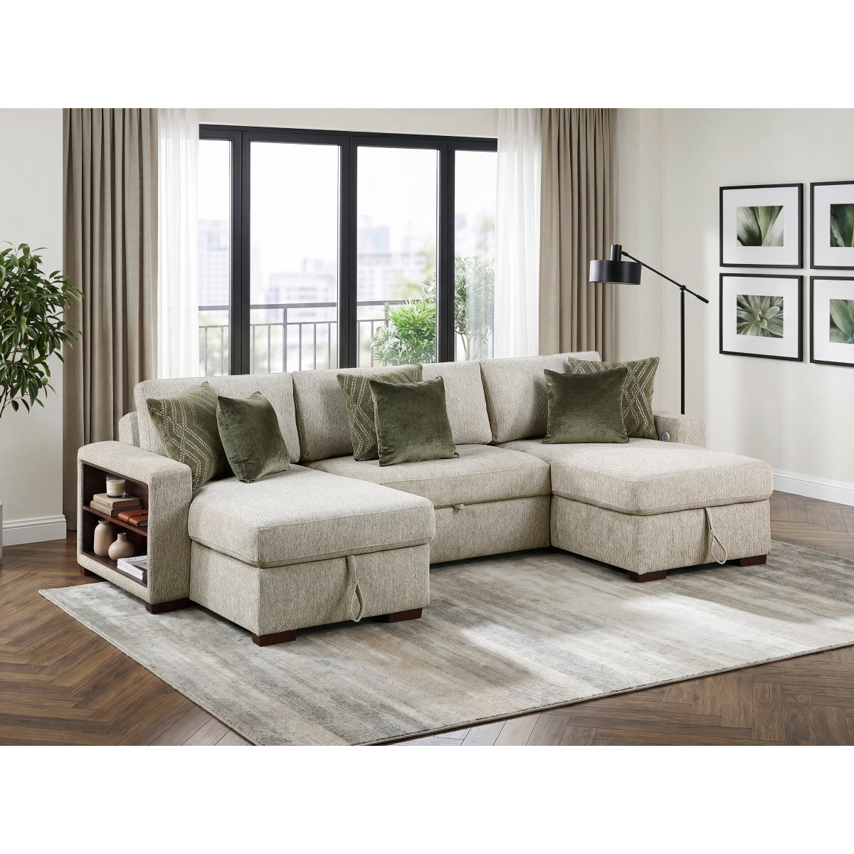 Isla 3-Piece Sectional with Two Reversible Chaises, Pull-out Bed, Hidden Storage, Click Motion Back and Two Arms with Shelves and Charging Ports