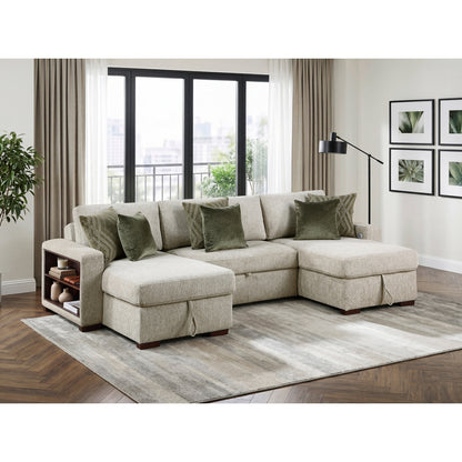 Isla 3-Piece Sectional with Two Reversible Chaises, Pull-out Bed, Hidden Storage, Click Motion Back and Two Arms with Shelves and Charging Ports