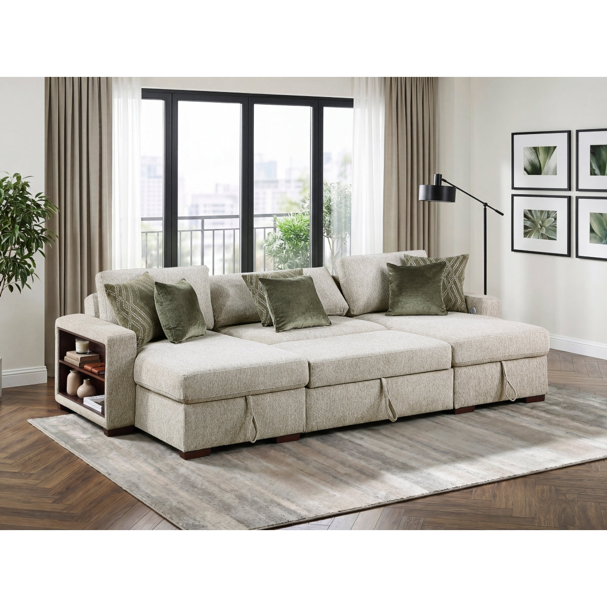 Isla 3-Piece Sectional with Two Reversible Chaises, Pull-out Bed, Hidden Storage, Click Motion Back and Two Arms with Shelves and Charging Ports