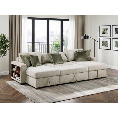 Isla 3-Piece Sectional with Two Reversible Chaises, Pull-out Bed, Hidden Storage, Click Motion Back and Two Arms with Shelves and Charging Ports