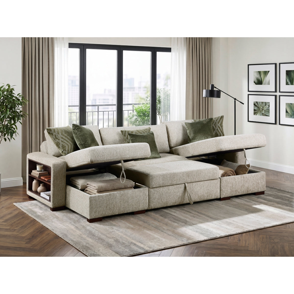 Isla 3-Piece Sectional with Two Reversible Chaises, Pull-out Bed, Hidden Storage, Click Motion Back and Two Arms with Shelves and Charging Ports