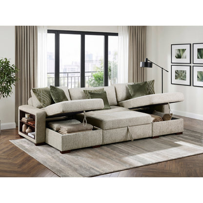 Isla 3-Piece Sectional with Two Reversible Chaises, Pull-out Bed, Hidden Storage, Click Motion Back and Two Arms with Shelves and Charging Ports