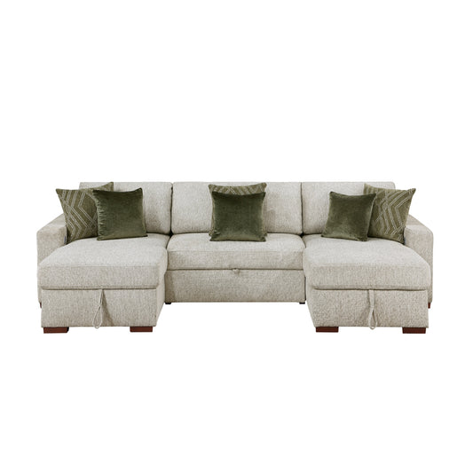 Isla 3-Piece Sectional with Two Reversible Chaises, Pull-out Bed, Hidden Storage, Click Motion Back and Two Arms with Shelves and Charging Ports